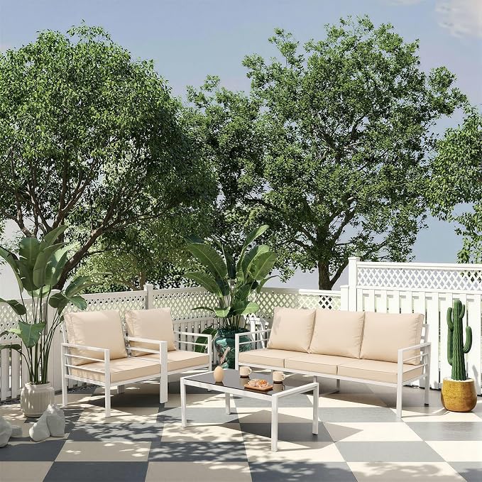 Rattaner 4-Piece Patio Furniture Set White Frame Outdoor Sofa Set High Backrest Seater Glass Coffee Table All-Weather Metal Outdoor Furniture Set with Non-Slip Cushions and Waterproof Covers, Khaki