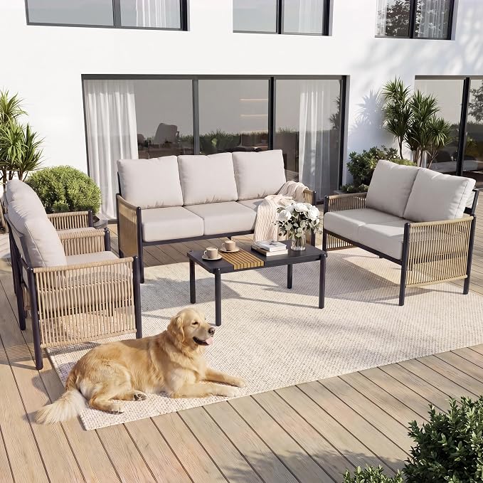 Aluminum Patio Furniture Set, 7 Seats Outdoor Patio Furniture with Coffee Table, Outdoor Wicker Conversation Sets with Cushion for Backyard, Balcony,Porch,Light Grey