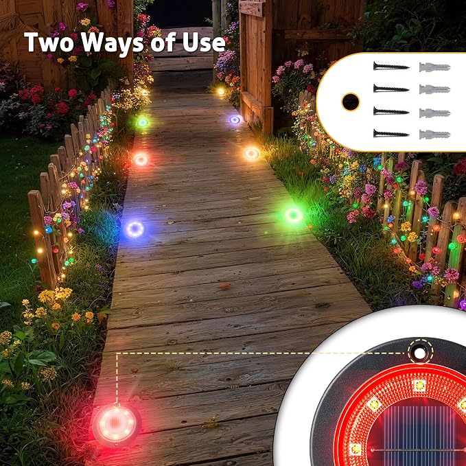 Solar Lights Outdoor Waterproof，Multi-Colored 12 Pack 2-in-1 Ground Lights | Solar Powered Lights Outdoor Disk Light Landscape Light for Deck Step Patio Yard Pathway Walkway Driveway Garden Christmas