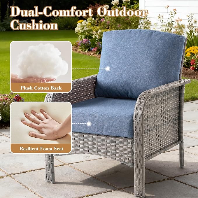 6 Pieces Patio Furniture Set, All-Weather Rattan Wicker Outdoor Furniture Loveseat Chairs with Coffee Table, High Back Conversation Set for Porch, Backyard, Balcony,Denim Blue