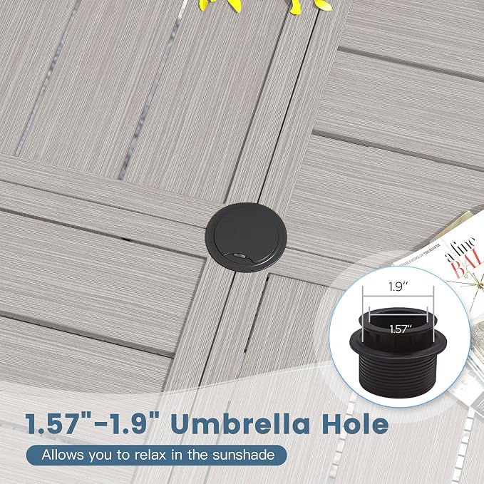 DIFY 59.8" Round Outdoor Patio Dining Table for 8-10, All-Weather Metal Steel Slatted Patio Table with 1.57" Adjustable Umbrella Hole for Garden, Backyard, Deck, Grey Wood-Like