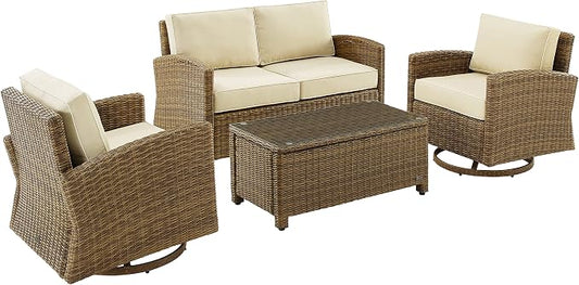 Crosley Furniture Bradenton 4-Piece Wicker Outdoor Loveseat and Swivel Rocker Patio Furniture Set for Porch, Brown with Sand Cushions