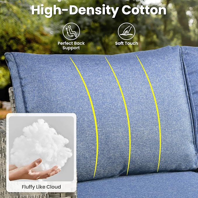 ovios 6 Pieces Patio Furniture Set, Outdoor Wicker Sofa Couch with Swivel Glider Chairs Comfy Cushions, Modern Deep Seat Rattan Conversation Sets for Deck Porch, Denim Blue