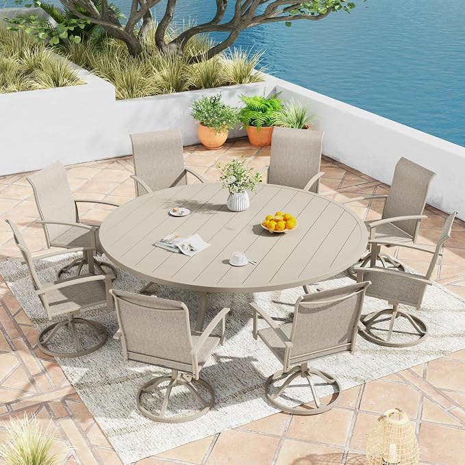 9 Pieces Outdoor Patio Dining Table Set, 63" All Weather Round Metal Table with Umbrella Hole and 8 High Back Textilene Swivel Chairs for Garden, Lawn, Poolside, Sandshell
