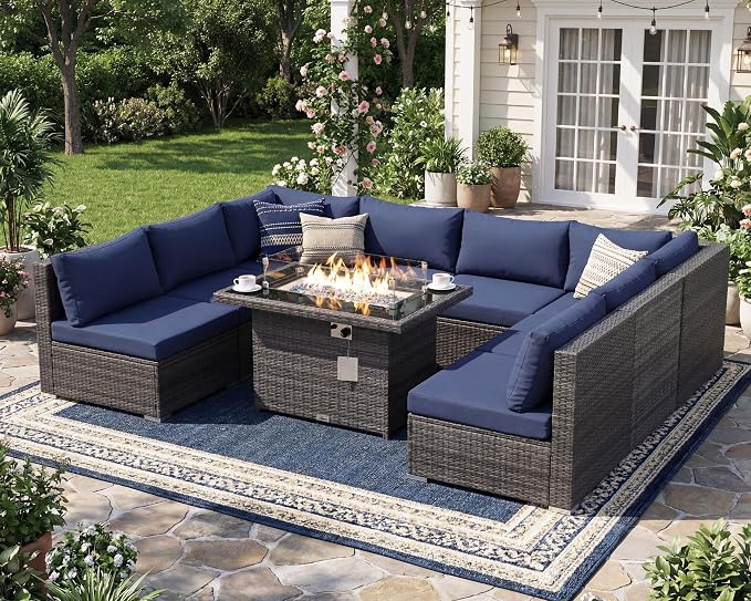 NICESOUL Extra Large 9 Pcs Outdoor Patio Furniture Set with Fireplace Natural Gas/Propane, 29.3'' High Back Modular Sectional Sofas, Modern Conversations for Outside, 2 Color Cushion Royal Blue &Grey