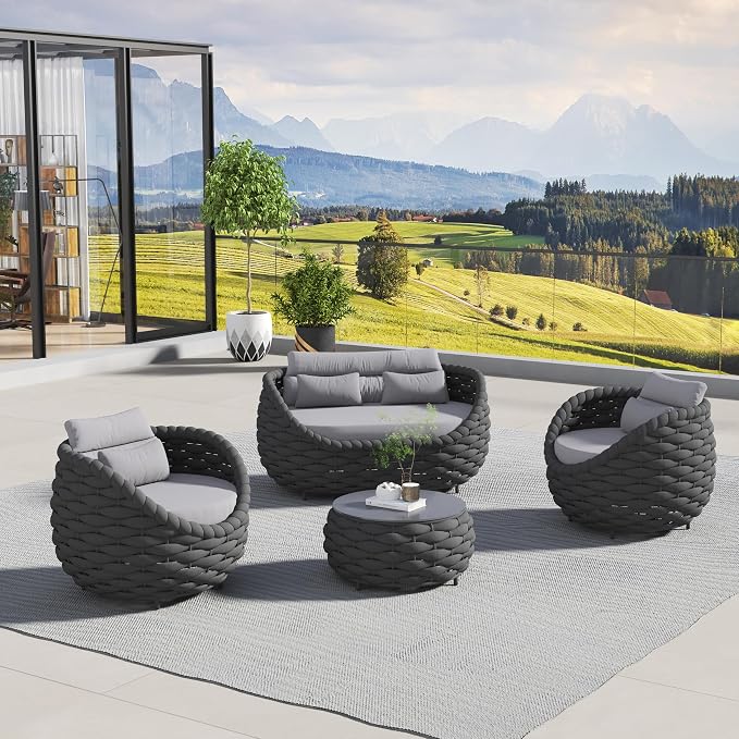 Outdoor 4 PCS Patio Conversation Set, All-Weather Wicker Patio Couch Sofa with Waterproof Thick Cushion Coffee Table for Porch, Balcony Mix Color
