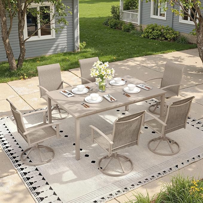 7 Pieces Patio Dining Set, Outdoor Furniture of 63" Rectangular Patio Table and Patio Swivel Chairs for Backyard Lawn Garden, Sandshell Table and Sandshell Chairs