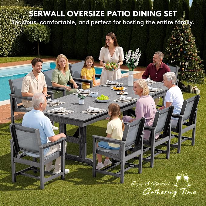SERWALL 10 Piece Outdoor Dining Set with 15ft Triple-Head Foldable Umbrella(Based not Included), 84" HDPE Outdoor Large Table and Textilene Sling Chairs for 8, Gray