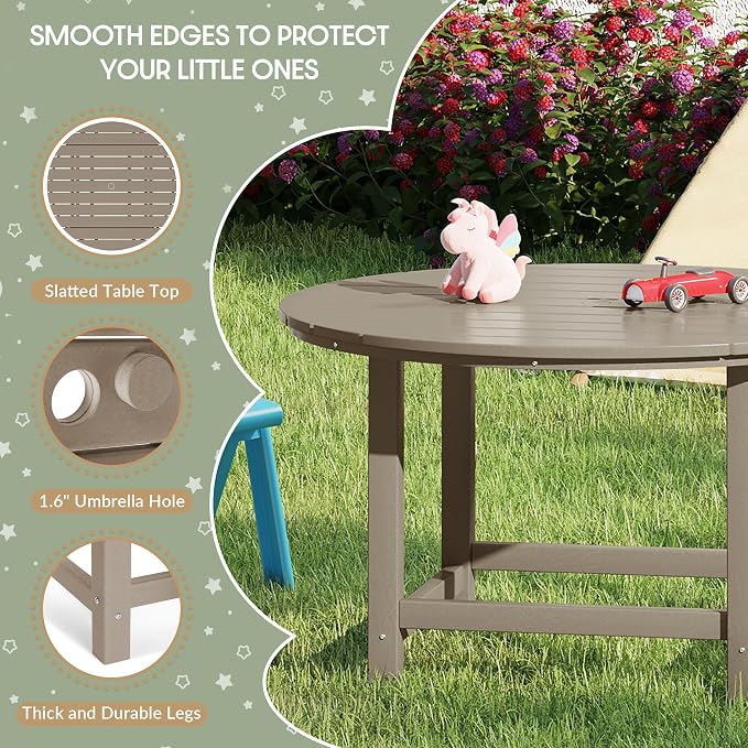 WestinTrends Malibu Kids Outdoor Patio Furniture HDPE 38" Wide Round Dining Table, Weathered Wood