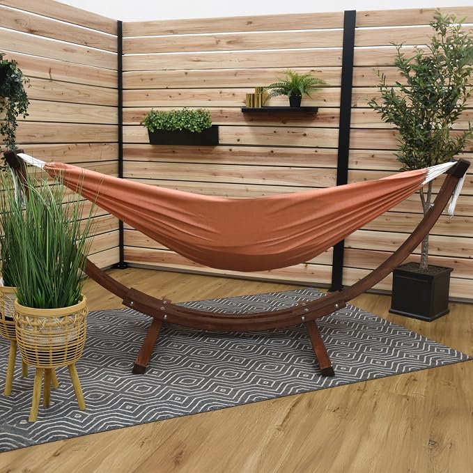 Vivere Double Sunbrella Hammock with Solid Pine Arc Stand - 450 lb Capacity, Durable FSC Wood Frame, Includes Hardware & User Guide - 450 lb Weight Capacity (Coral)