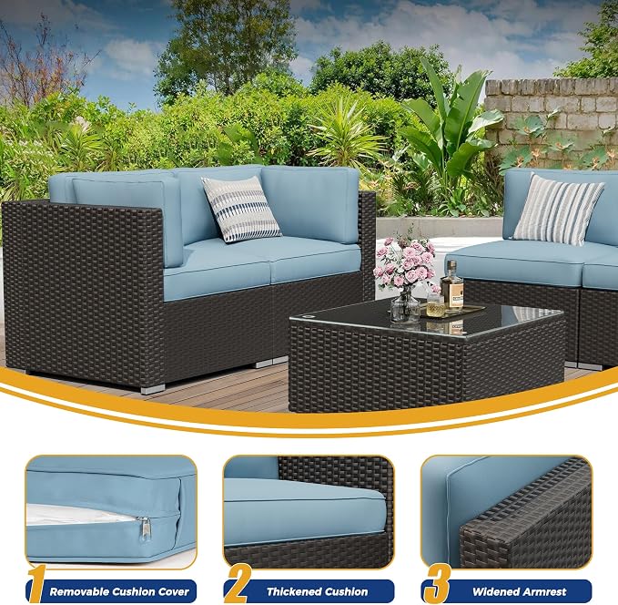 7 Pieces Outdoor Patio Furniture Set, Black Brown Wicker Patio Sectional Sofa Set, Outdoor Couch with Cushion and Tempered Glass Table, Sky Blue