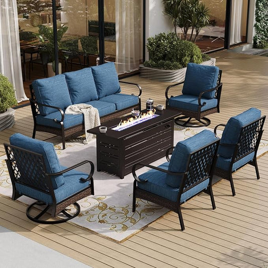 SUNSHINE VALLEY 6 Piece Black Metal Outdoor Patio Furniture Sets with Firepit Table, Patio Conversation Sets 1 3-Seater Sofa, 2 Leg Sofa and 2 Swivel Chair with 5.75" Cushion for Backyard Deck, Blue-2