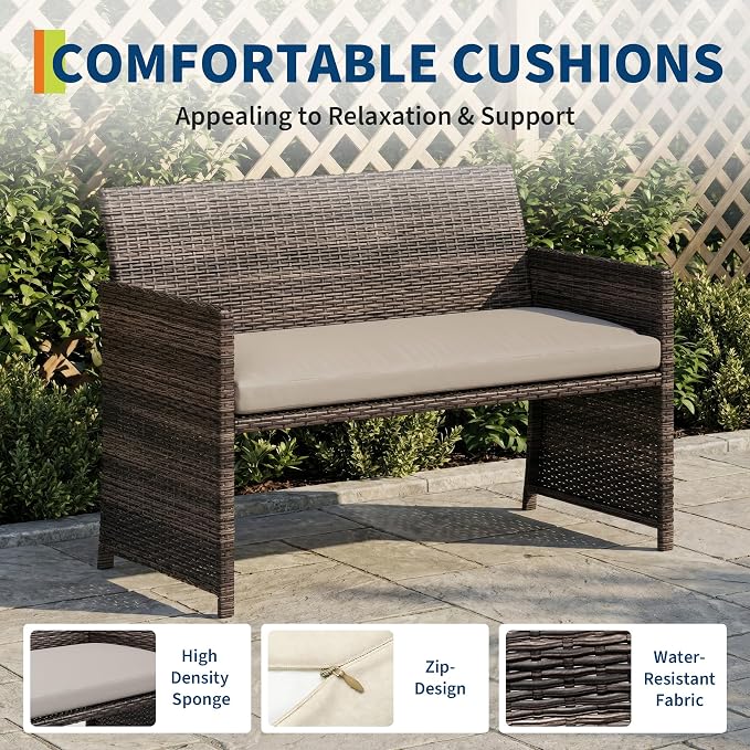 IDEALHOUSE 4 Piece Outdoor Wicker Patio Furniture Set, with Coffee Table & Seat Cushions for Backyard, Porch Seating