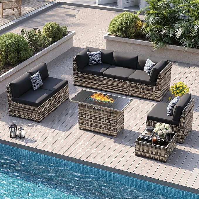 8 Pieces Outdoor Patio Furniture Set with 44" Fire Pit Table Yellow Rattan Sectional Conversation Sets w/Gas Fire Pit, Coffee Table, 1 Waterproof Covers, Black