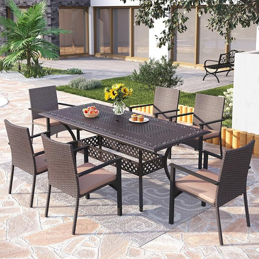 PHI VILLA 7 Pieces Expandable Cast Aluminum Outdoor Dining Set for 6, Extendable Metal Table with Umbrella Hole & Cushioned Wicker Chairs, Dining Furniture Set for Patio, Deck, Yard and Porch