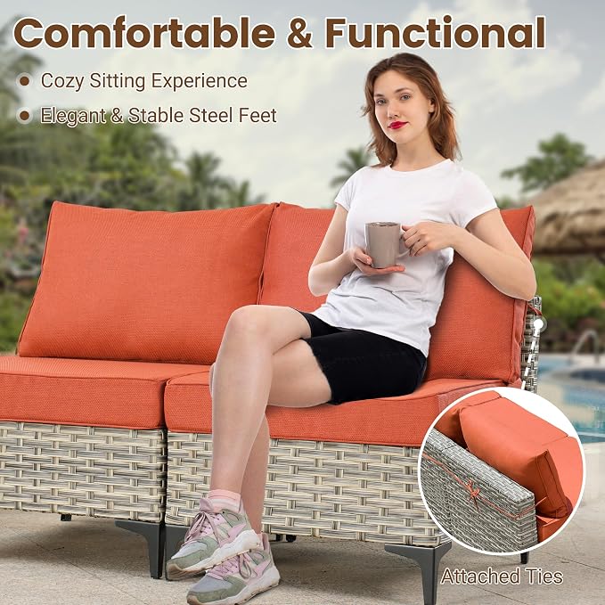 8 Pieces Wicker Patio Furniture Set,Outdoor Sectional Sofa with Swivel Chairs Coffee Table,Outside Deep Seat Rattan Couch Conversation Set,Orange Red