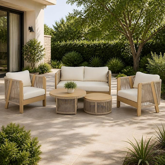 Christopher Knight Home Dalba 4-Seater Patio Furniture Set with Removable Cushion, 5 Piece Outdoor Acacia Wood Conversation Set, Wooden Outdoor Sectional Sofa Set, Beige+Light Teak