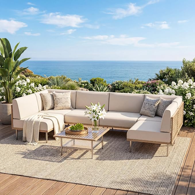 LAUSAINT HOME 7-Piece Outdoor Patio Furniture Set, Wicker Outdoor Conversation Set PE Rattan Sectional Sofa with Washable Cushions and Tempered Glass Table for Garden (Beige)