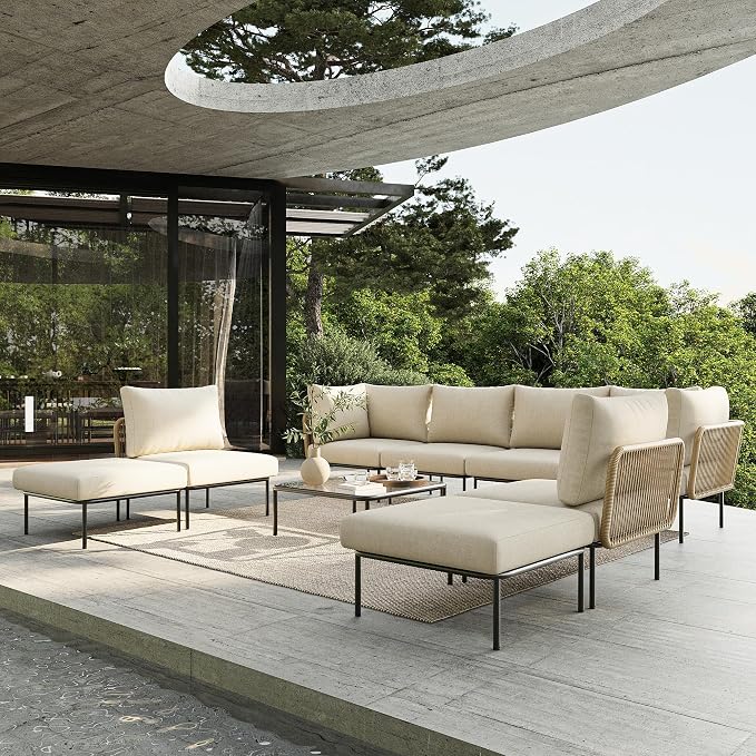 9 Piece Modern Outdoor Rope Wicker Sectional Patio L-Shaped Conversation Sofa Set Deep Seating with Thick Cushions