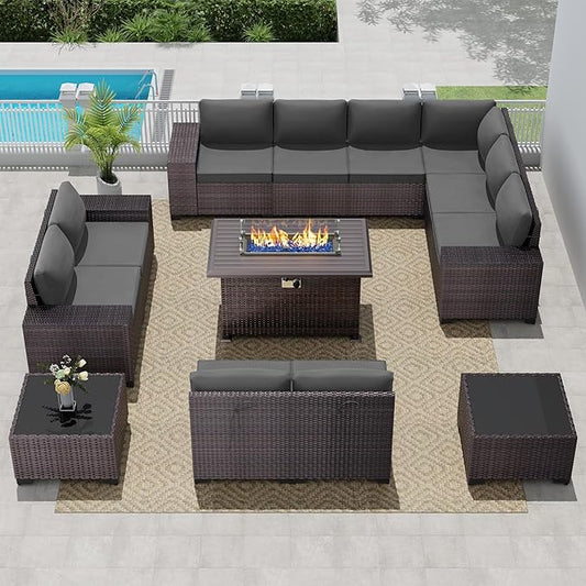 13 PCS Outdoor Patio Furniture Set,Outdoor Sectional Furniture with 43" 55000 BTU Gas Propane Fire Pit Table,All Weather PE Rattan Wicker Patio Conversation Set,Grey
