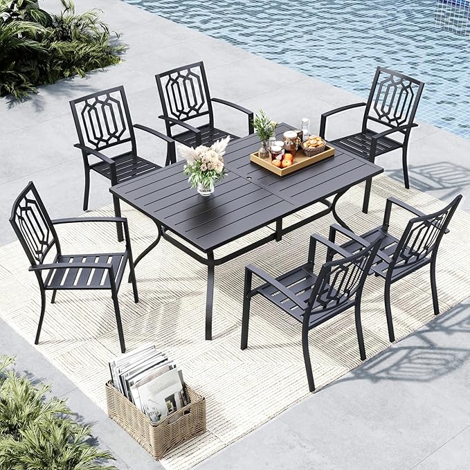MFSTUDIO Patio Table and Chairs Set of 6, Outdoor Dining Set with Umbrella Hole, 7 Piece Metal Outdoor Patio Furniture Set for Deck, Backyard, Poolside & Garden