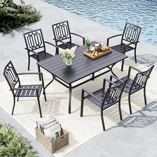 MFSTUDIO Patio Table and Chairs Set of 6, Outdoor Dining Set with Umbrella Hole, 7 Piece Metal Outdoor Patio Furniture Set for Deck, Backyard, Poolside & Garden