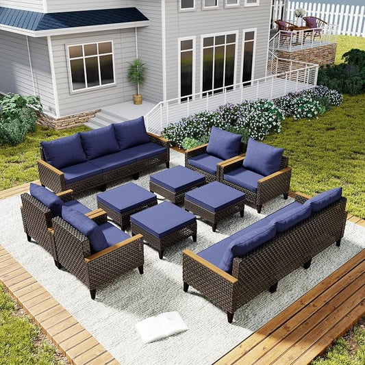 14 Piece Patio Sectional Sofa Furniture Set, All-Weather Wicker Rattan Outdoor Conversation Set with High Back and Hick Cushions, for Garden, Porch, Poolside, Blue