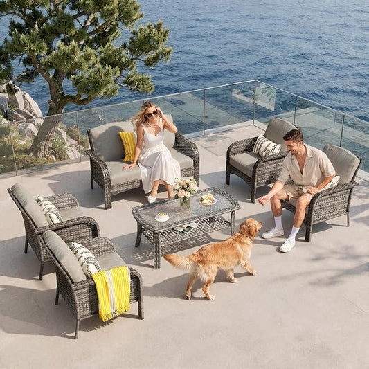 6-Piece Patio Furniture Set, Outdoor Wicker Furniture with Coffee Table, All Weather High Back Loveseat Patio Chairs, Modern Rattan Outdoor Chairs Conversation Set for Porch, Balcony, Garden,Dark Gray