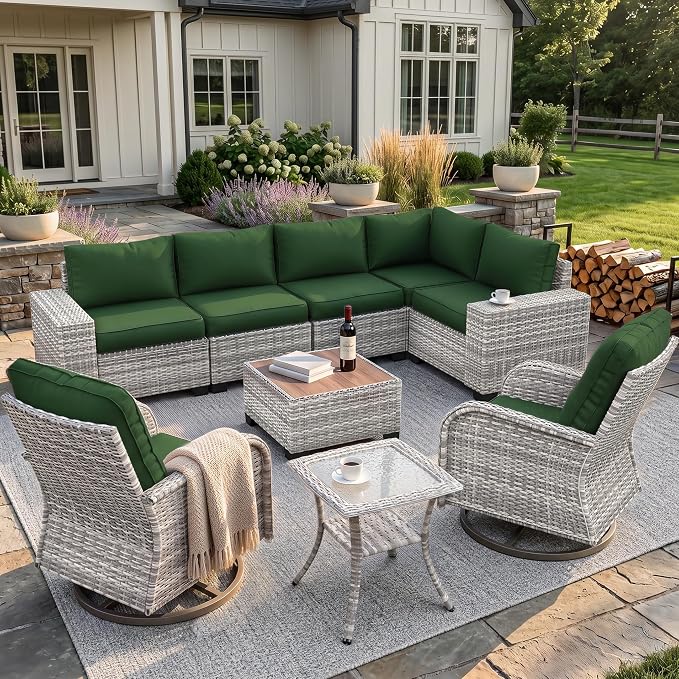 9-Piece Outdoor Patio Furniture Set with Rocking Swivel Chair Wicker Sectional Sofa Set, Patio Conversation Set with Thickened Cushions & Coffee Table for Garden, Backyard, Green