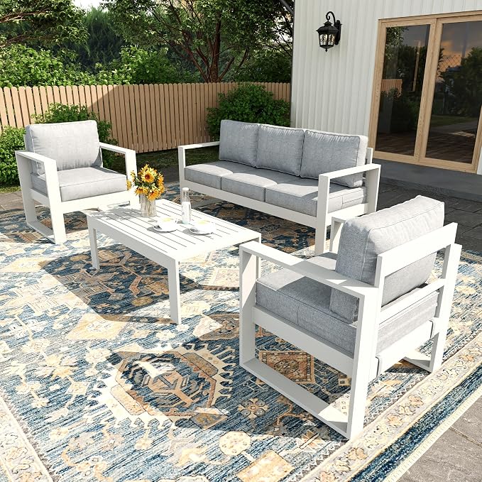 4 Piece Modern Aluminum Patio Furniture Set, Outdoor Patio Sectional Conversation Metal Seating Sets with Olefin Cushion and Coffee Table