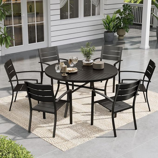 Sophia & William Round Patio Table and Chairs Set, Outdoor Dining Set for 6, 7 Piece Metal Patio Furniture, 54" Black Table