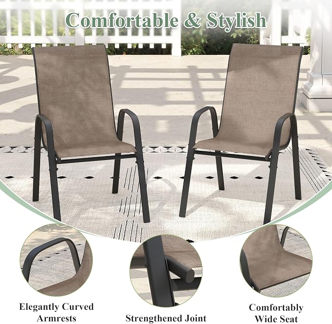 7 Pieces Outdoor Dining Set, 47.2" Round Table with Umbrella Hole & Stackable Patio Dining Chairs, Patio Table and Chairs Set for Deck Garden Porch, Brown Chairs & Walnut Table