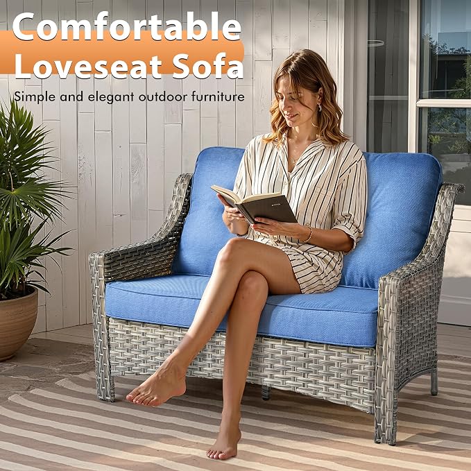 6 PCS Outdoor Patio Furniture Sets,Patio Conversation Sets Outside Rattan Soft Cushion Sofa with 2 Wicker Rocking Chairs & 54 in Fire Pit Table Fit Backyard Porch Garden Poolside Balcony,Diamond Blue