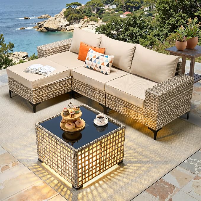 Patio Furniture Set, 5 Pieces Outdoor Wicker Conversation Sets with Coffee Table Outdoor Sectional Sofa for Balcony Backyard Poolside Garden Lawn (Beige)