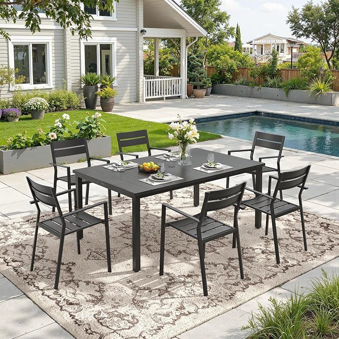 DIFY 7 Pieces Outdoor Patio Dining Set, 6 Black Stackable Metal Dining Chairs and 63" Black Rectangle Dining Table, Outdoor Table and Chairs for Lawn Garden Backyard Deck