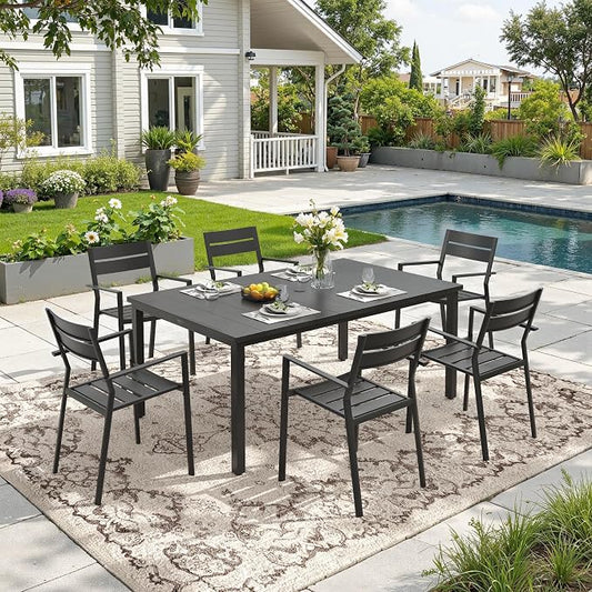 DIFY 7 Pieces Outdoor Patio Dining Set, 6 Black Stackable Metal Dining Chairs and 63" Black Rectangle Dining Table, Outdoor Table and Chairs for Lawn Garden Backyard Deck