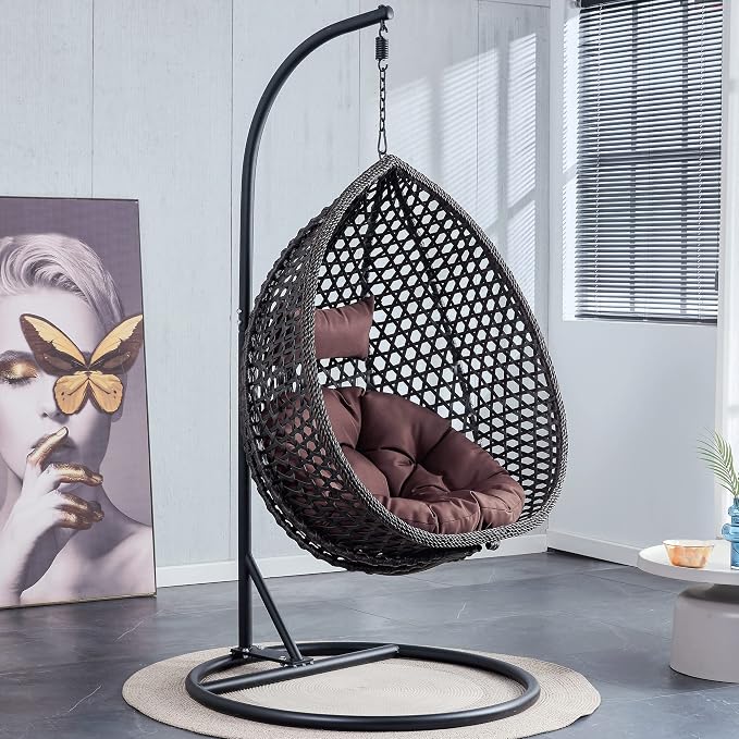 Hanging Egg Swing Chair with Stand, Rattan Wicker Hanging Egg Chair Hammock Indoor with Cushions, Swinging Chair for Bedroom Outdoor Patio Balcony Backyard Sunroom Heavy Duty 350LBS (Black)