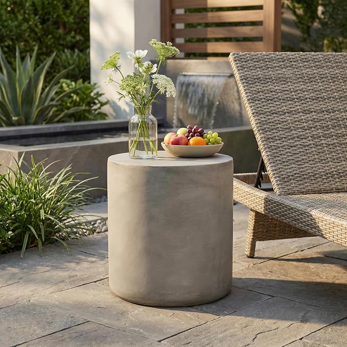 Outdoor Side Table Round Concrete End Table Faux Stone Side Tables Travertine Small Coffee Tables for Patio Outdoor, Garden Stool for Porch Backyard, Weather Resistant, MgO, Cylindrical