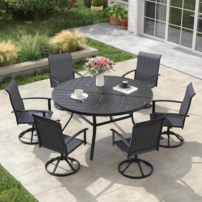 VICLLAX 53" Round Outdoor Table, Patio Dining Table for 8 with Umbrella Hole for Garden Lawn Deck Backyard, Black