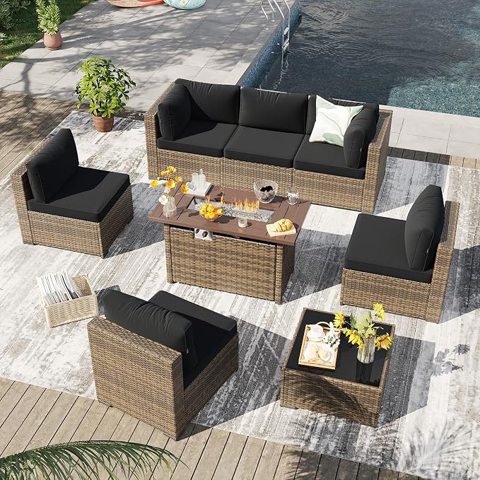 LazySunsets 8 Piece Outdoor Patio Furniture Set with 44'' Fire Pit Table, Outdoor Patio Furniture Set with Thicken Cushion, Wicker Rattan Outdoor Conversation Set for Backyard & Garden, Black