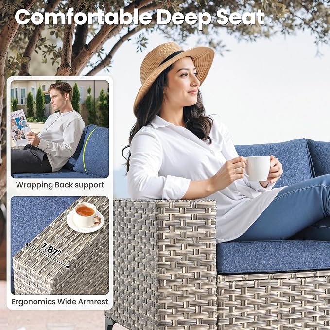 ovios 8-Piece Patio Furniture Set with L-Shape Sofa Chaise, Outdoor Sectional Couch Swivel Gliders, Modern Modular Wicker Rattan Conversation Set, Denim Blue