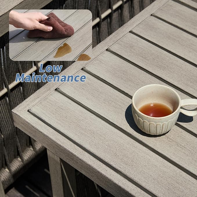 Outdoor Patio Coffee Table, 2-Tier Rectangle Outdoor Patio Table with Rope Weave, Modern Accent Table with Heavy-Duty Aluminum Frame, Patio Furniture Set for Garden Porch Yard Deck, Gray Oak
