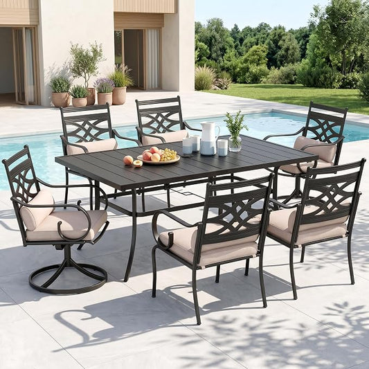 MFSTUDIO 7 PCS, Patio Dining Set, 59"×35", Umbrella Hole | Wrought Iron, Steel, Metal, Weather resistant, Easy to clean, E-coated frame