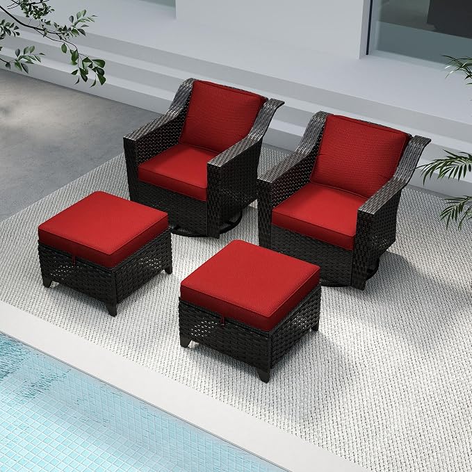 4 Pieces Patio Conversation Furniture Set - 2 Swivel Chairs, 2 Ottomans, Outdoor Wicker Furniture with Removable Cushions for Porch, Balcony, Sunroom (Red)