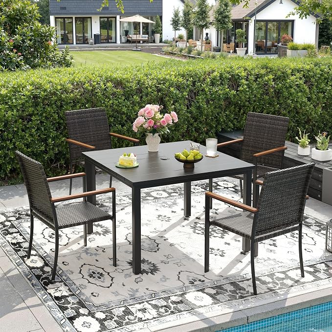 DIFY 5 Piece Patio Dining Set for 4, Wicker Stackable Patio Chairs & 40.2" Square Black Metal Dining Table with Umbrella Hole, All Weather Outdoor Table and Chairs Set for Deck Garden Backyard