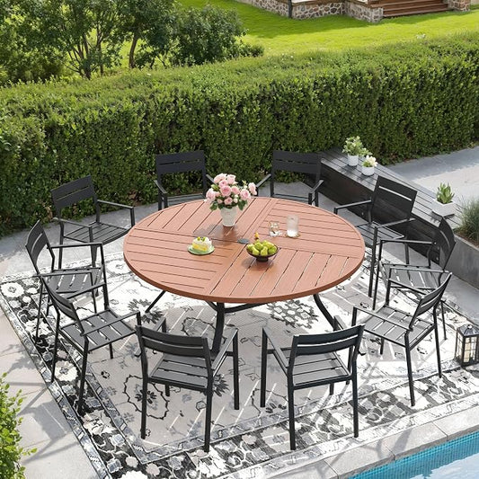 DIFY 11 Piece Outdoor Patio Dining Set for 10, 59.8" Round Dining Table with Umbrella Hole and Stackable Metal Chairs, Patio Table and Chairs Set for Backyard Garden Poolside, Walnut & Black