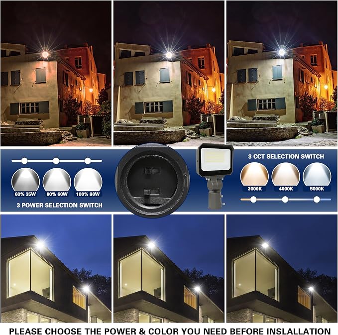 LED Flood Lights Outdoor 35/60/80W and 3000/4000/5000K Adjustable 10400Lm,Dusk-to-Dawn Sensor o Dawn Flood Light for Yard, Garage, Garden,UL Listed,Includes Knuckle Mount