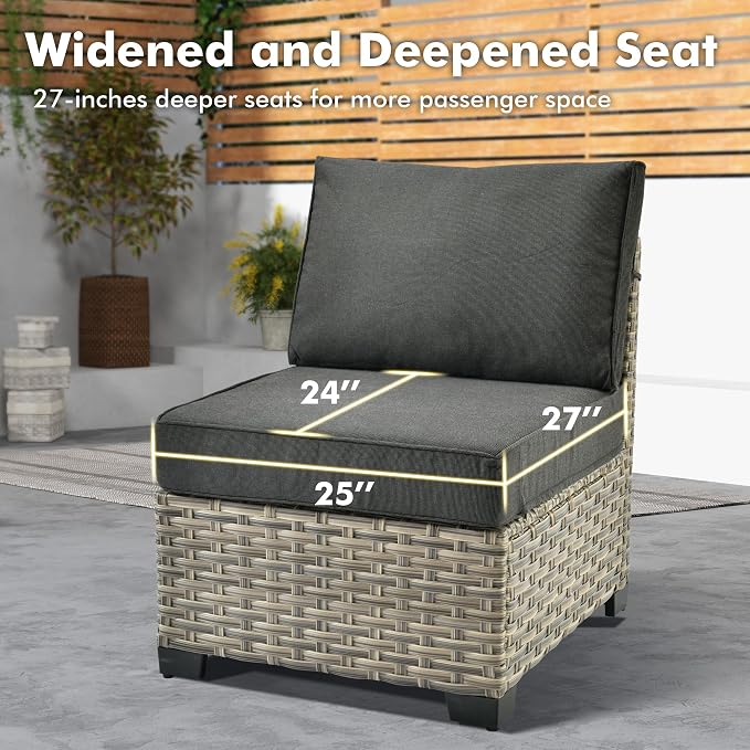 Weaxty 7 Pieces Wide Seats Outdoor Furniture Set, L Shape Sectional Couch Ottoman Fire Pit Solar Table, Thick Cushion All-Weather Rattan Patio Conversation Sets for Backyard Porch Deck, Black