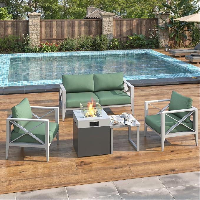 4 Piece Aluminum Patio Furniture Set with Fire Pit, Modern Outdoor Patio Conversation Sets with 2-IN-1 Fire Pit Table, 6" Thick Washable Cushions and Coffee Table for Balcony, Porch, Backyard,White