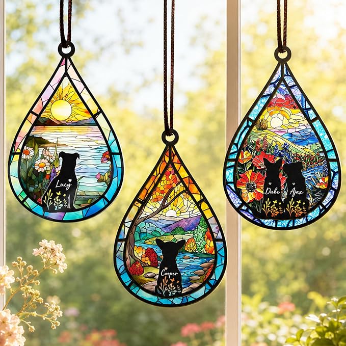 Personalized Pet Memorial Suncatcher, Custom Dog Cat Memorial Window Hanging with Photo & Name, Stained Glass Style Memorial Suncatcher, Rainbow Bridge Sympathy Gift for Pet Lovers